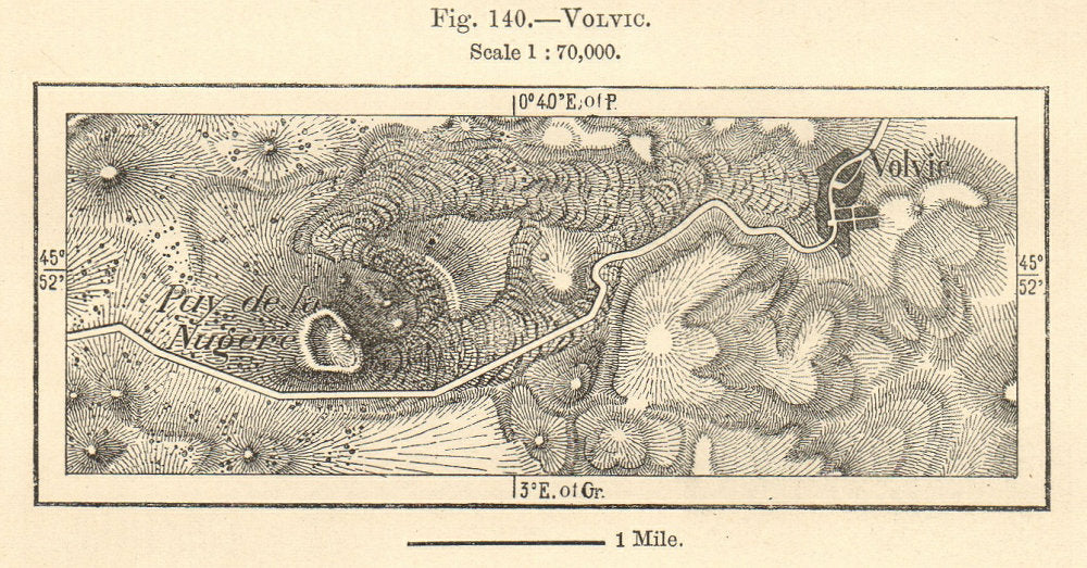 Volvic & Puy de la Nugére. Puy-de-Dôme. Sketch map. SMALL 1885 old antique